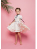 Ivory Cotton Flower Girl Dress With Navy Blue Ribbon